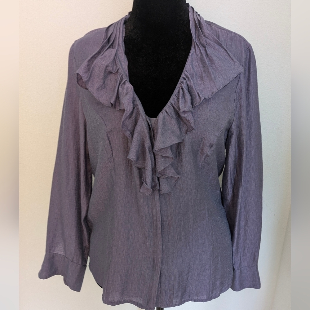Coldwater Creek Button Ruffle Front Blouse Top Women Ruffle Lilac V-Neck Sz XL P